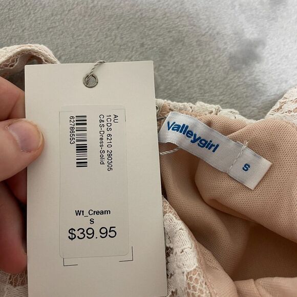 ValleyGirl Dress Small Cream Knee Length Bow Tie Strap Gown Nylon Stretch NEW - Picture 2 of 5